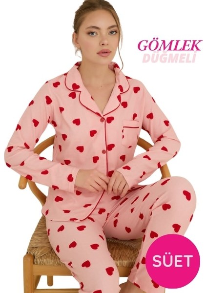 Kadın Gömlek Yaka Önden Düğmeli Saten Biyeli Göğüs Cepli Ince Süet Kışlık Uzun Kol Pijama Takımı