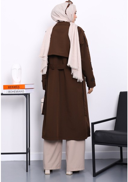 Kahverengi Kruvaze Yaka Astarlı Trençkot fırsatları