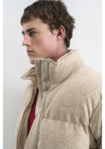 Desenli Süet Şişme Bej Mont