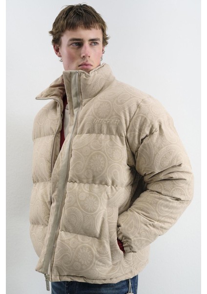 Desenli Süet Şişme Bej Mont indirimleri