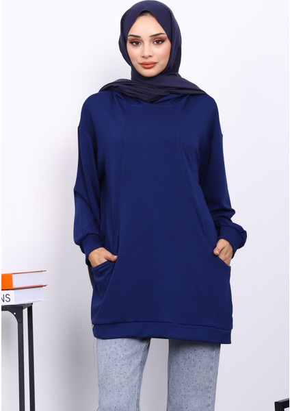 Lacivert Kapşonlu Çift Cepli Sweat