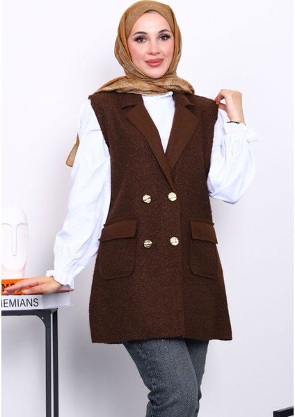 Kahverengi Düğmeli Buklet Yelek