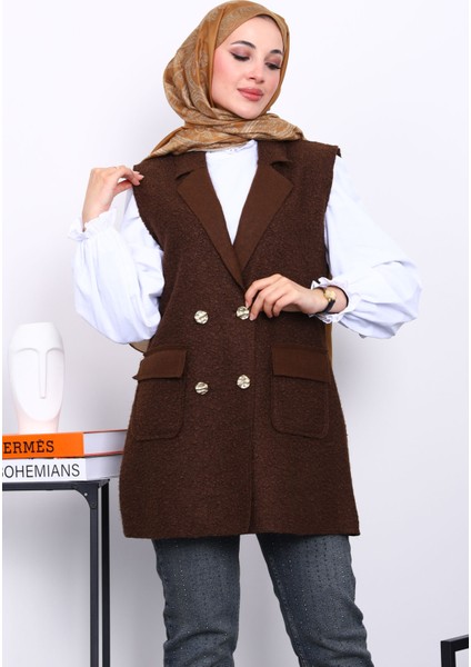 Kahverengi Düğmeli Buklet Yelek modelleri