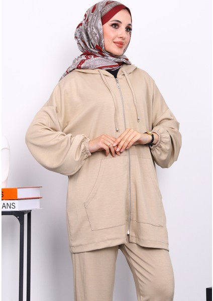 Bej Kapşonlu Fermuarlı Tunik Pantolonlu Takım modelleri