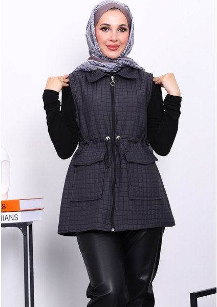 Füme Fermuarlı Kapitone Yelek