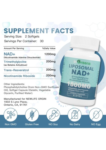 Liposomal Nad+Tmg+Resveratrol+Nicotinamide Supplement 1800 Mg 60 Softgel fiyatları