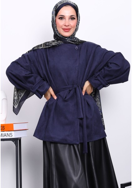 Lacivert Kol Apoletli Astarlı Süet Ceket