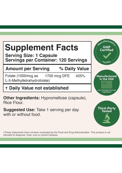 Methylfolate 1,000MCG, 120 Caps Methylated Folate More Active Form Of Folate Than Folic Acid modelleri