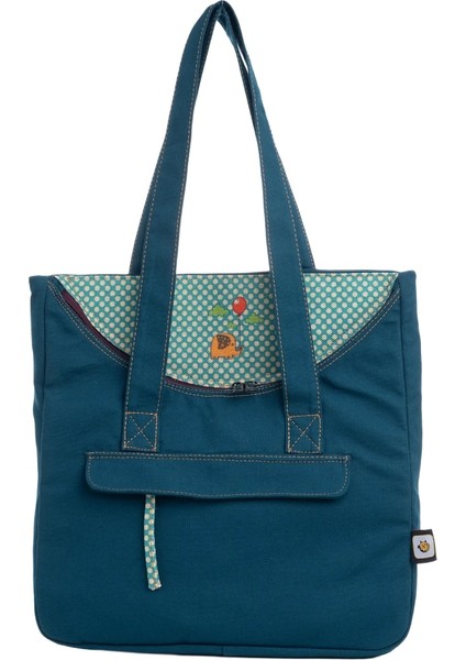 Petrol Mavisi Fil Desenli Canvas Kumaş Omuz Çantası