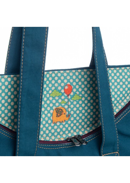 Petrol Mavisi Fil Desenli Canvas Kumaş Omuz Çantası modelleri