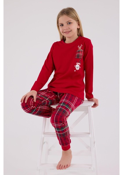 Garson Kız Çocuk Aile %100 Pamuklu 4 Mesim New Year Uzun Kollu Pijama Takım