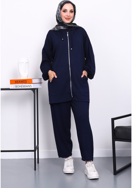 Lacivert Kapşonlu Fermuarlı Tunik Pantolonlu Takım