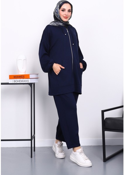 Lacivert Kapşonlu Fermuarlı Tunik Pantolonlu Takım fiyatları