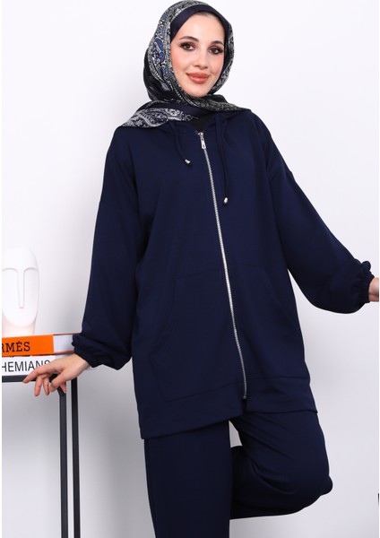 Lacivert Kapşonlu Fermuarlı Tunik Pantolonlu Takım modelleri