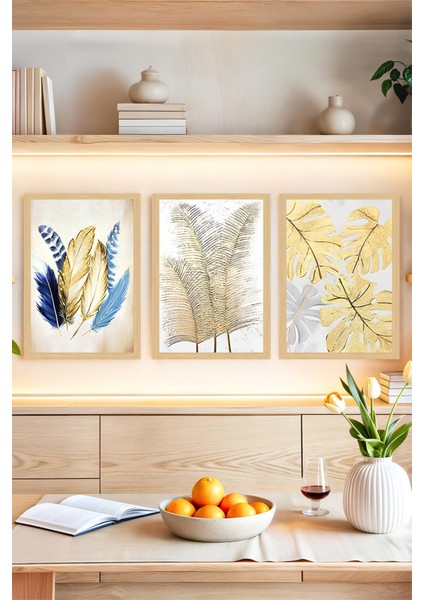 🌿 Altın ve Mavi Tüy – Tropikal Bitki Temalı 3'lü Çerçeve Görünümlü Tablo Seti 🌿🌟 CRVS1172 13 x 17