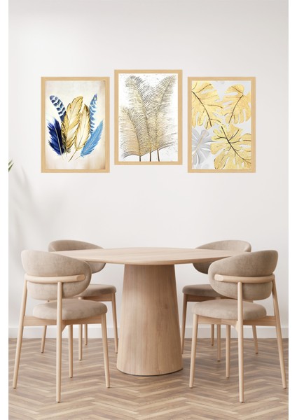🌿 Altın ve Mavi Tüy – Tropikal Bitki Temalı 3'lü Çerçeve Görünümlü Tablo Seti 🌿🌟 CRVS1172 13 x 17 fiyatları