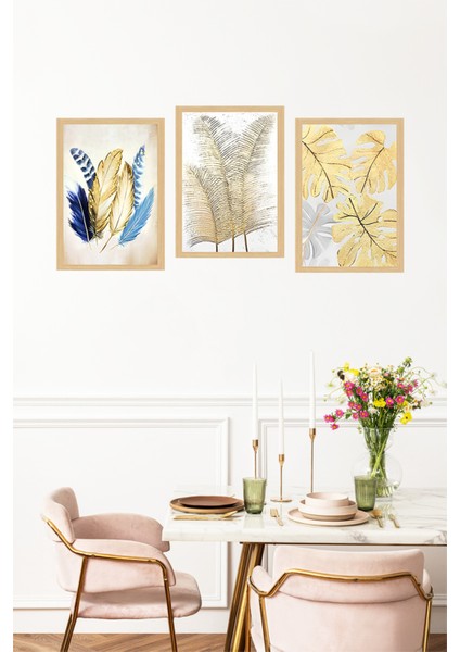 🌿 Altın ve Mavi Tüy – Tropikal Bitki Temalı 3'lü Çerçeve Görünümlü Tablo Seti 🌿🌟 CRVS1172 13 x 17 fırsatları