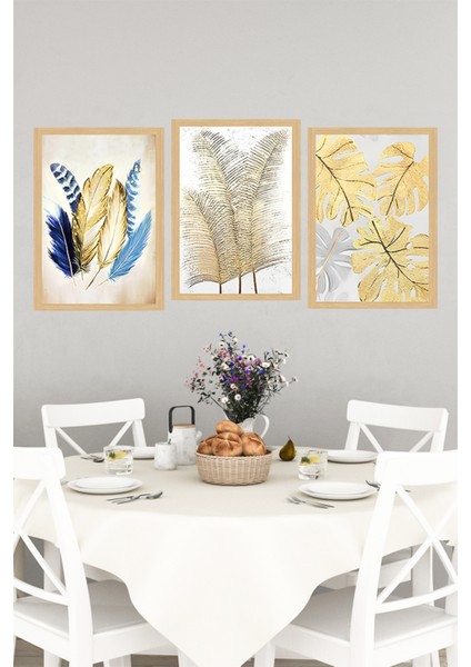 🌿 Altın ve Mavi Tüy – Tropikal Bitki Temalı 3'lü Çerçeve Görünümlü Tablo Seti 🌿🌟 CRVS1172 13 x 17 indirimleri