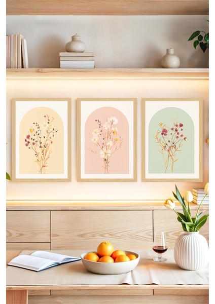 🌸 Pastel Renkli Çiçek Desenli 3’lü Çerçeve Görünümlü Tablo Seti 🌸 CRVS1162 13 x 17