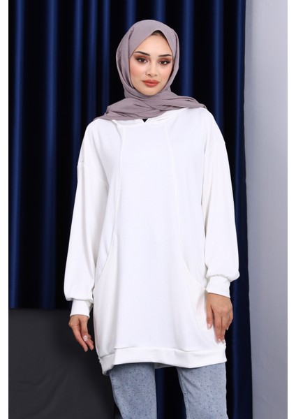 Ekru Kapşonlu Çift Cepli Sweat