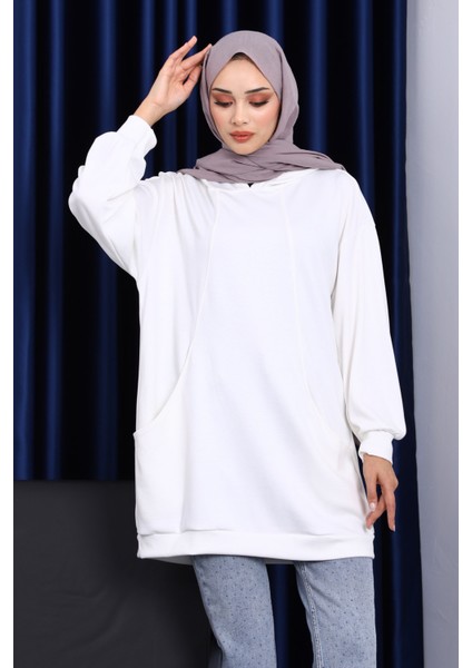 Ekru Kapşonlu Çift Cepli Sweat modelleri