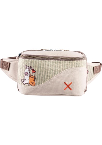 Krem Rengi Kedi & Köpek Desenli Kanvas Unisex Göğüs ve Bel Çantası