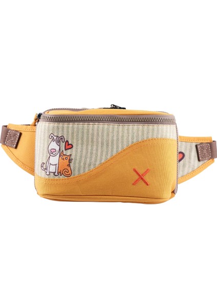 Sarı Renkli Kedi & Köpek Desenli Kanvas Unisex Göğüs ve Bel Çantası