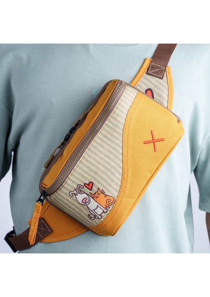 Sarı Renkli Kedi & Köpek Desenli Kanvas Unisex Göğüs ve Bel Çantası fiyatları