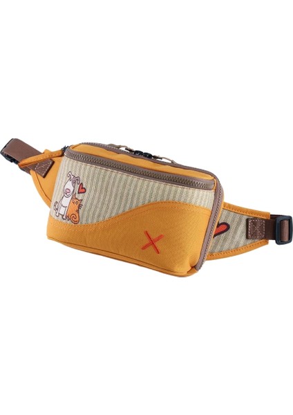 Sarı Renkli Kedi & Köpek Desenli Kanvas Unisex Göğüs ve Bel Çantası