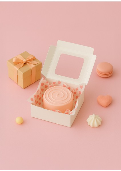 Hediye Kutusu Şeffaf Kapaklı + Kalpli Ambalaj Kağıdı - Asetat Şeffaf Pencereli Pasta Kutusu - 5ADET