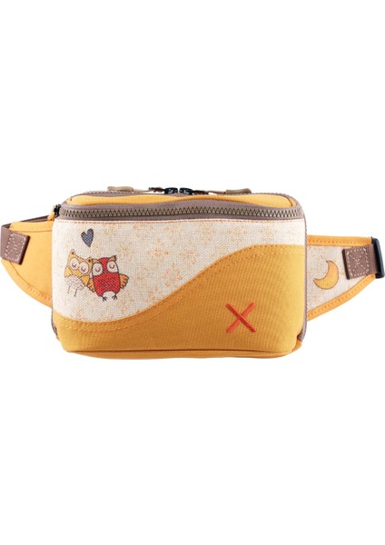 Sarı Renkli Baykuş Desenli Kanvas Unisex Göğüs ve Bel Çantası