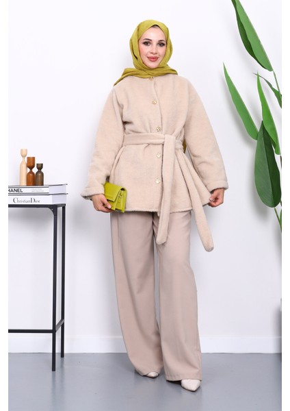 Bej Bel Kuşaklı Düğmeli Kaşe Ceket fiyatları
