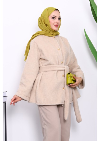 Bej Bel Kuşaklı Düğmeli Kaşe Ceket modelleri