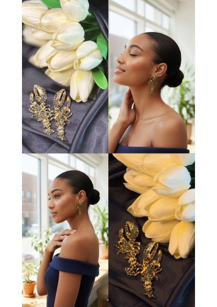 Lüks Istakoz Figürlü Zirkon Taşlı Gold Bijuteri Sallantılı Küpe fırsatları