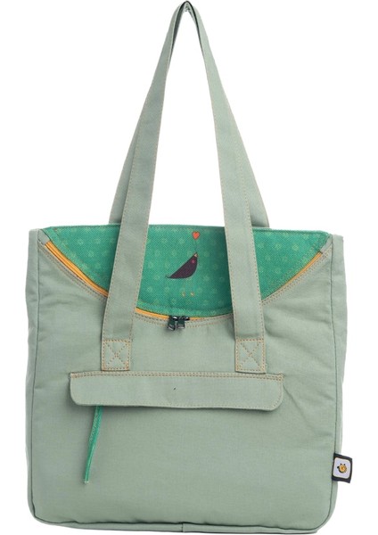 Su Yeşili Karga Desenli Canvas Kumaş Omuz Çantası