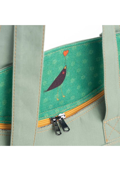 Su Yeşili Karga Desenli Canvas Kumaş Omuz Çantası modelleri