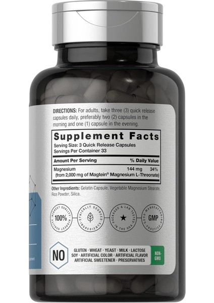 Magtein Magnesium(Magnezyum) L-Threonate Treonat 2000MG 100 Caps Men Women Gluten Free modelleri