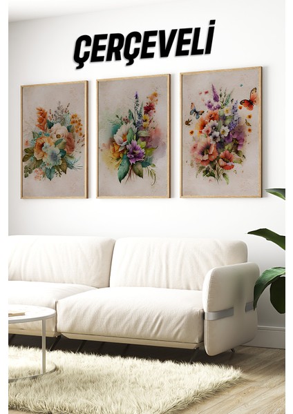 🌸 3'lü Çam Çerçeveli Uv Baskılı Çiçek Temalı Mdf Tablolar🌿 CRV1169 23 x 32