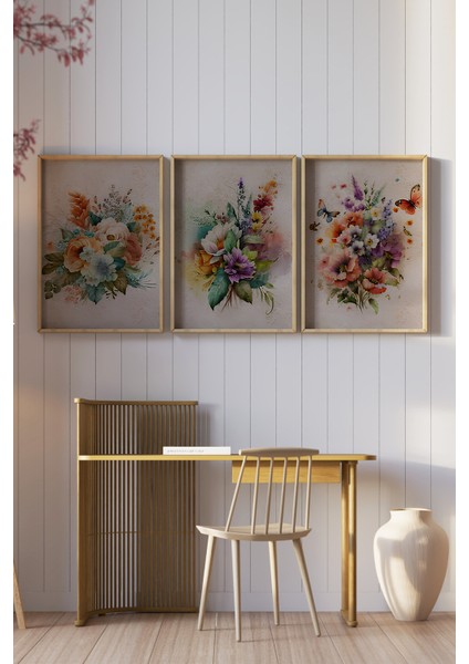 🌸 3'lü Çam Çerçeveli Uv Baskılı Çiçek Temalı Mdf Tablolar🌿 CRV1169 23 x 32 fiyatları