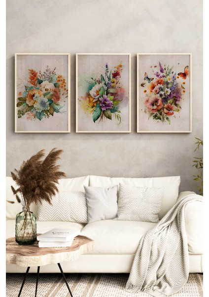 🌸 3'lü Çam Çerçeveli Uv Baskılı Çiçek Temalı Mdf Tablolar🌿 CRV1169 23 x 32 fırsatları