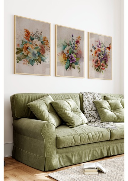 🌸 3'lü Çam Çerçeveli Uv Baskılı Çiçek Temalı Mdf Tablolar🌿 CRV1169 23 x 32 indirimleri