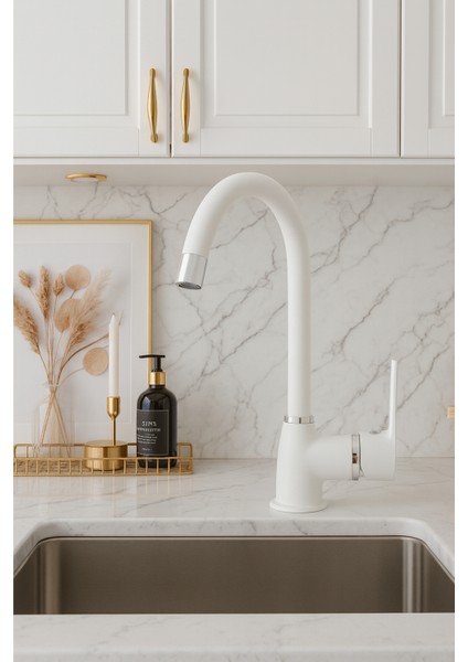 Beyaz Krom Delta Mutfak Eviye Bataryası Sıcak Soğuk Girişli - 2 Yıl Garantili