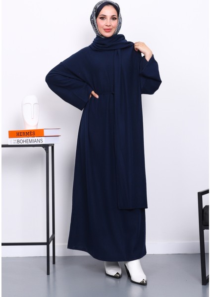 Lacivert Bisiklet Yaka Atkılı Elbise