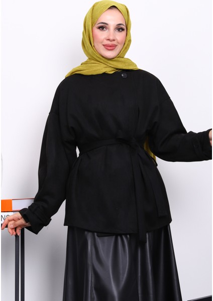 Siyah Kol Apoletli Astarlı Süet Ceket