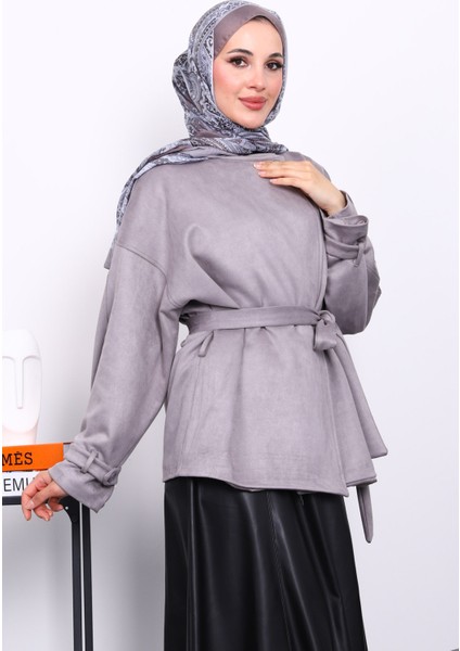 Gri Kol Apoletli Astarlı Süet Ceket modelleri