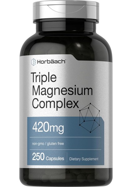 Horbäach Triple Magnesium(Magnezyum) Complex 420 Mg 250 Caps Gluten Free Magnesium Oxide, Citrate