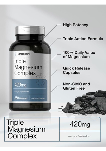 Horbäach Triple Magnesium(Magnezyum) Complex 420 Mg 250 Caps Gluten Free Magnesium Oxide, Citrate fiyatları