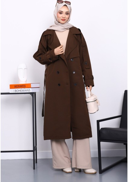 Kahverengi Kruvaze Yaka Astarlı Trençkot