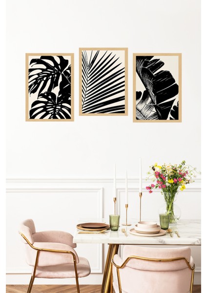🖤 Siyah Beyaz Yaprak Desenli 3'lü Çerçeve Görünümlü Tablo Seti🌟 CRVS1160 13 x 17 fırsatları
