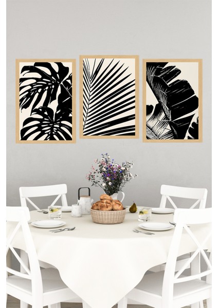 🖤 Siyah Beyaz Yaprak Desenli 3'lü Çerçeve Görünümlü Tablo Seti🌟 CRVS1160 13 x 17 indirimleri